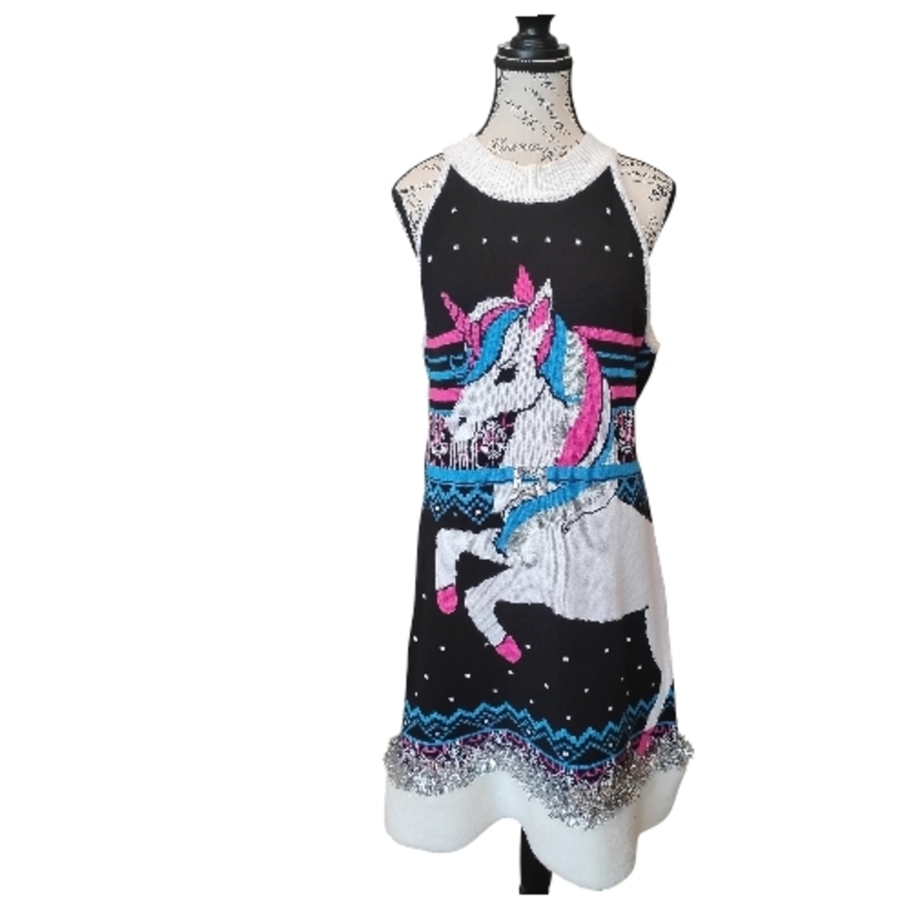 Festive Sweater Ugly Holliday Mini Dress Black Sparkle Sz XXL (19) Soft Stretchy - Picture 3 of 14